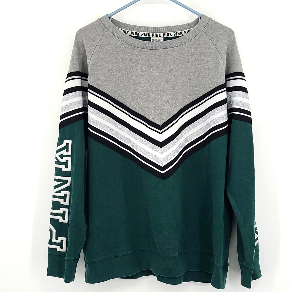 Pink Victoria Secret Medium Gray Green white silver striped long sleeve crewneck